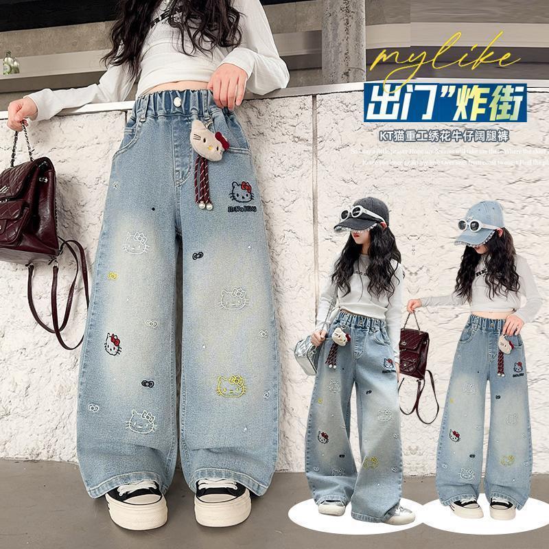 Джинсы для девочек весна-осень 2025 новые стильные широкие брюки с мультяшным принтом