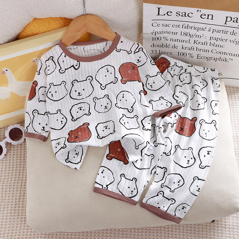 Summer Kidsren's Pure Cotton Home Clothes Set Boys and Girls Thin Three-Quarter Sleeve Pajamas Two-Piece Set Baby Air-Conditioned Clothes