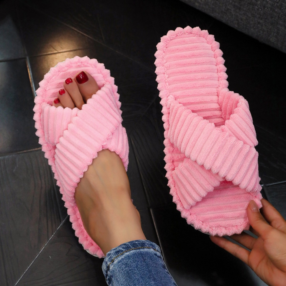 Cross-Border Popular Corduroy Cross Open-Toe Women's Home European and American Fashion Striped Girls' Comfortable Cotton Slippers for All Seasons