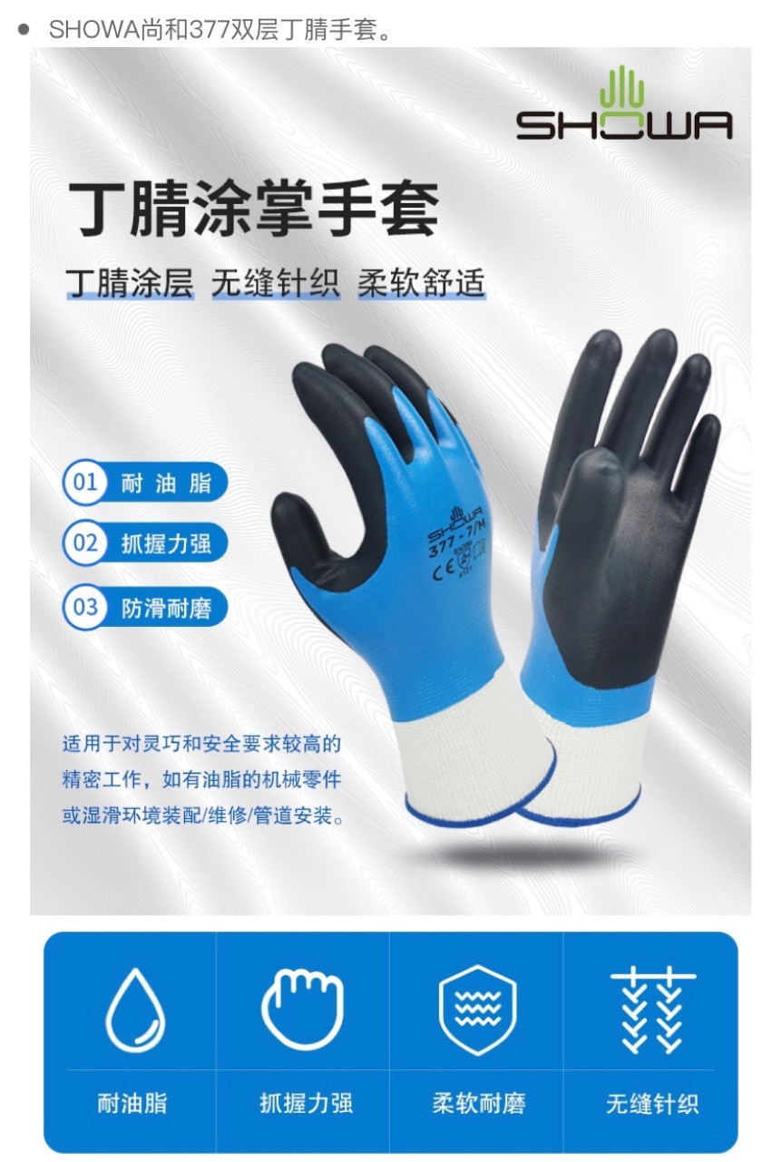 Перчатки SHOWA с нитриловым покрытием на ладони, двухслойные, резиновое покрытие, износостойкие, нескользящие, защитные перчатки для ремонта 377