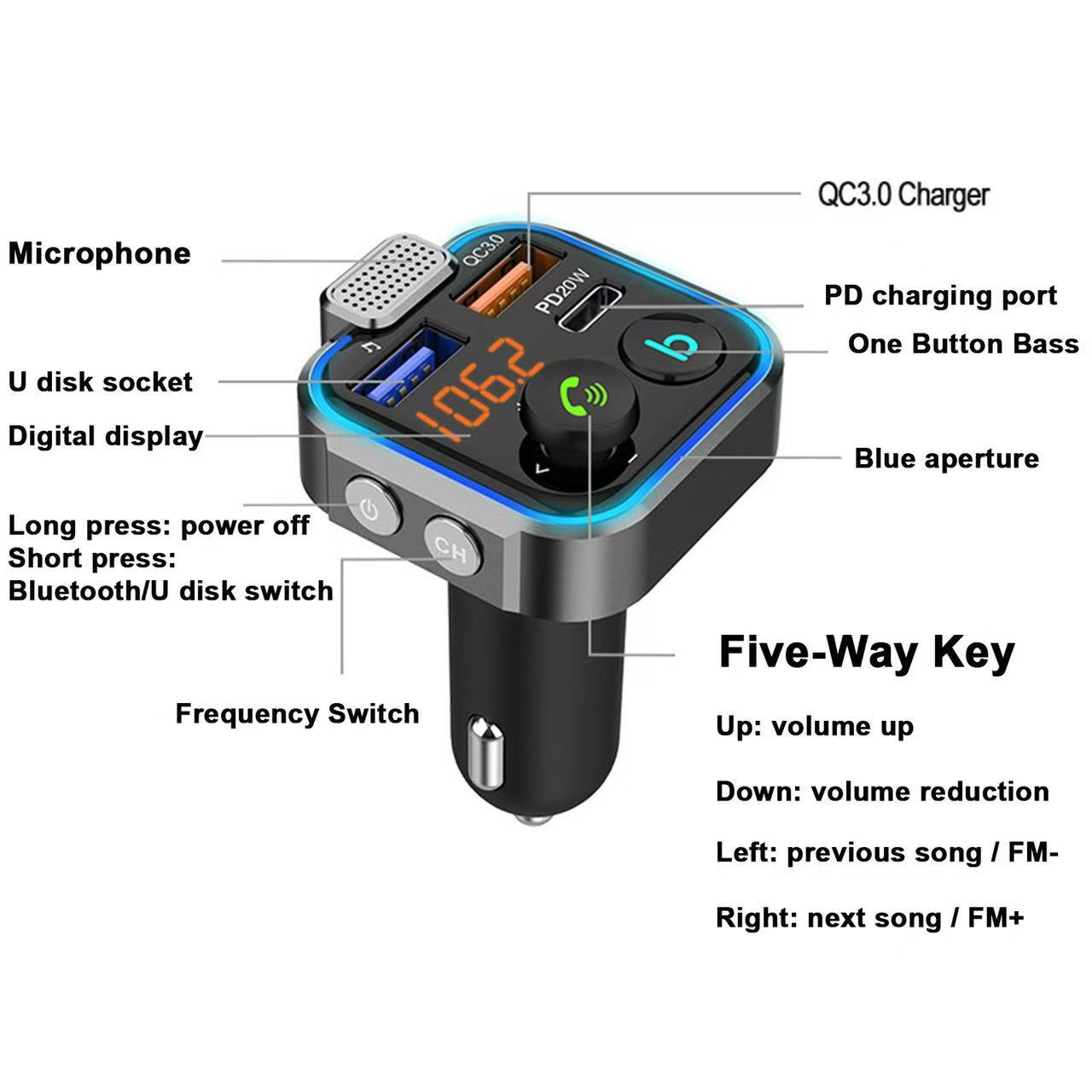 P5 Car Bluetooth Receiver Mp3 Player Car USB Flash Drive Lossless Music Transmitter Car Charger Fast Charging