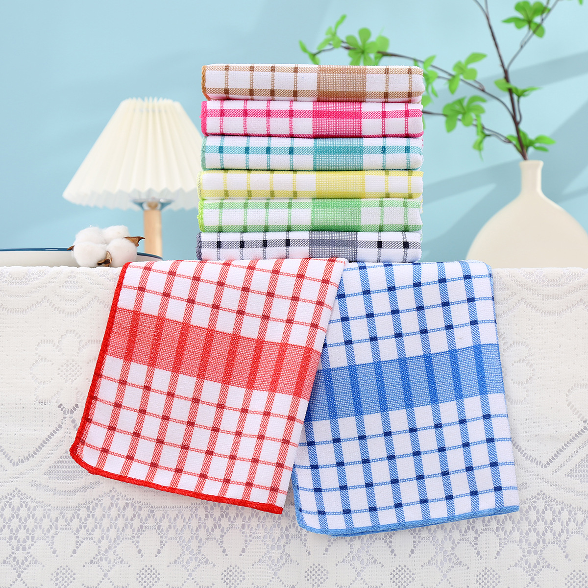 Wholesale Plaid Kitchen Tea Towels Absorbent Kitchen Towels Cross-Border Soft Towels Rags Waffle Labels Dropshipping