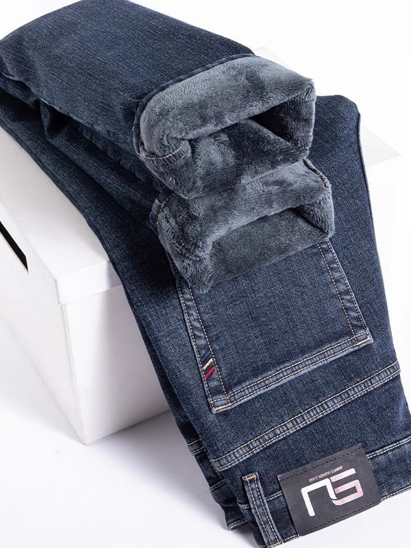 Fleece-lined thick jeans men's winter New straight loose autumn and winter casual stretch long pants men's