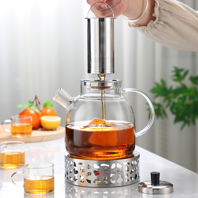 Glass Cold Water Kettle Set Can Be Heated with Open Flame, Large Capacity, Filtered and Thickeneded Cold Water Kettle, Juice Teapot, Bamboo Lid Water Kettle