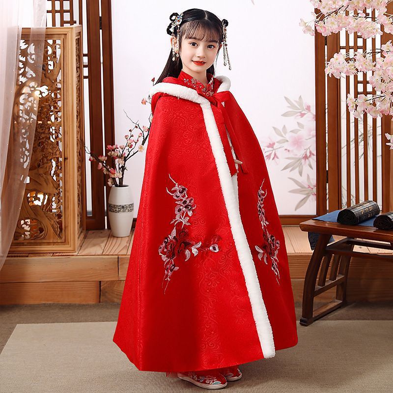 Winter Chinese Style Outwear Girls Han Dynasty Suit Hooded Cloak Thickeneded Outdoor Windproof Cloak Little Girl Costume