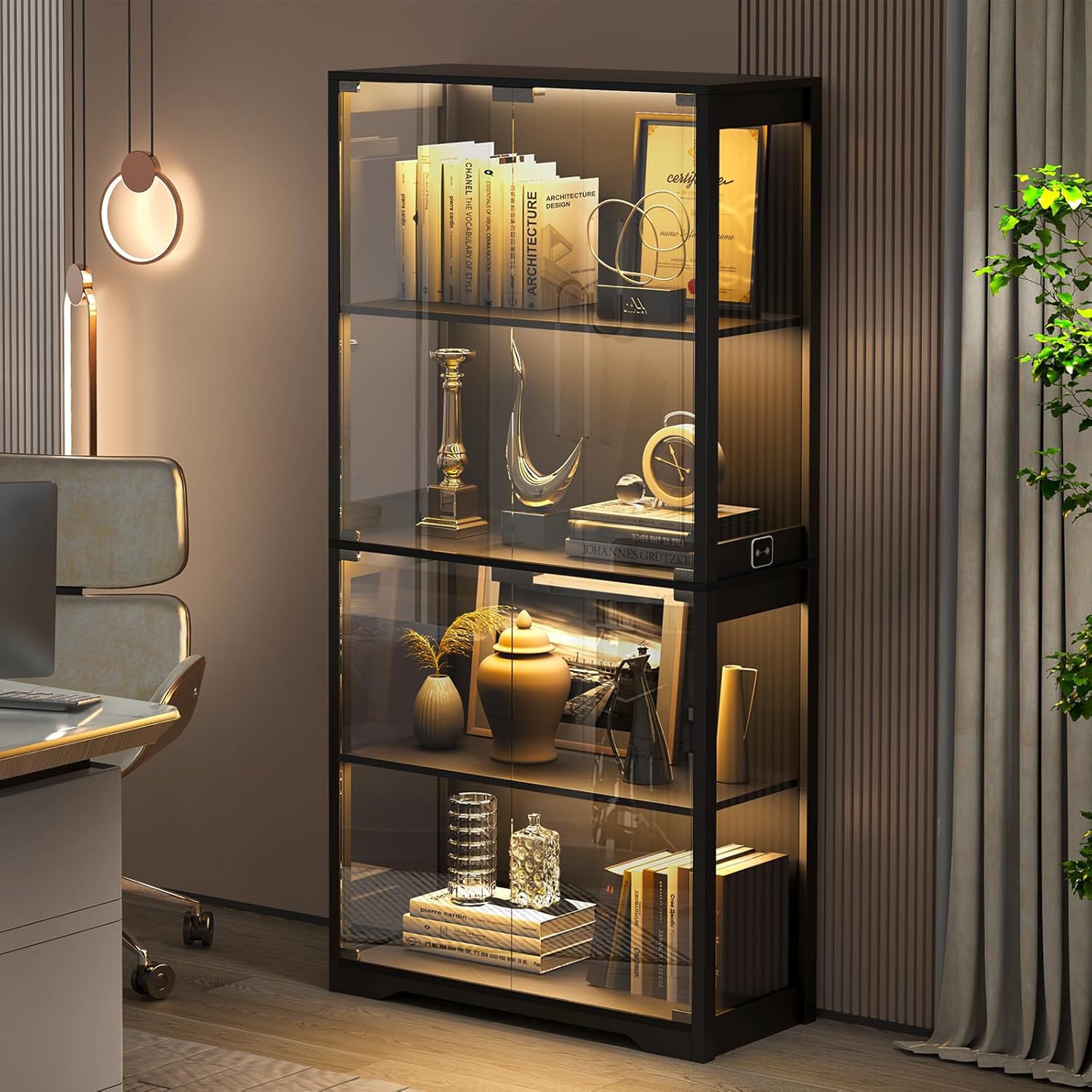 Display Cabinet with Glass Doors Four-Layer Structure Collection Cabinet Comes with Three Colors of Lights for Displaying Collecti