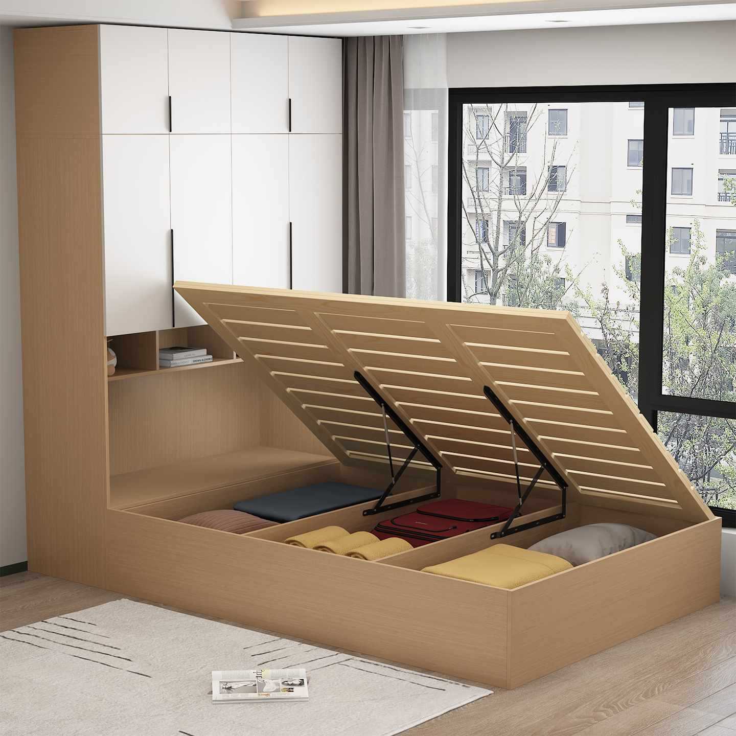 ✅ Wardrobe Bed with Desk Integrated Bed Small Apartment Bedroom Tatami Storage Combination Bed with Desk Vertical Cabinet Bed Set