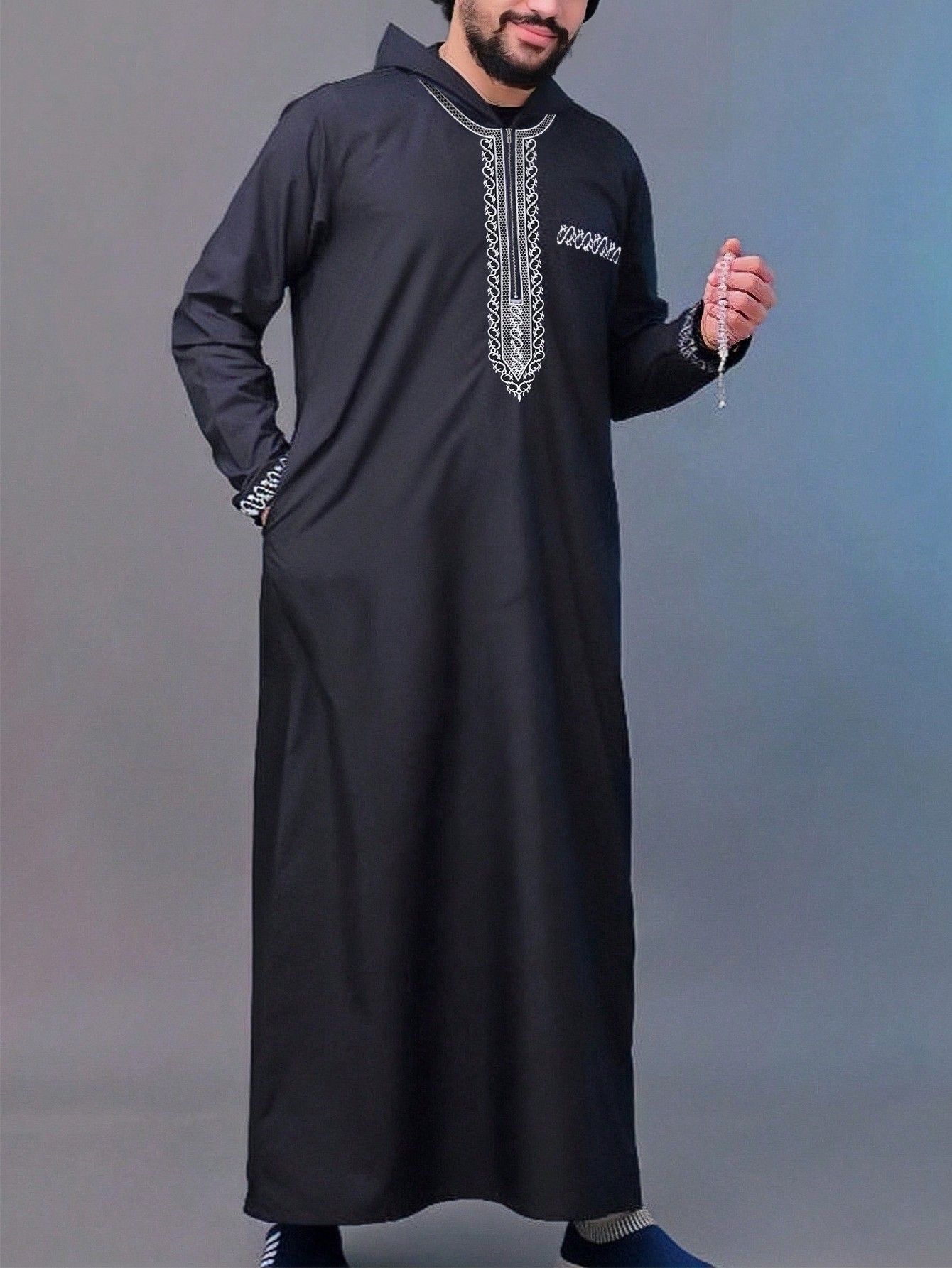 New Men's Loose Hooded Robe Luxury Men's Embroidered Long Sleeve Muslim Clothing Robe Middle East Juba Sobi