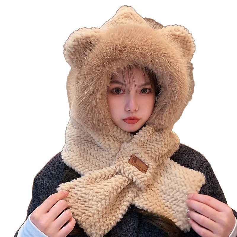Hat and Scarf All-In-One Women's Autumn and Winter Bear Cold-Proof and Ear-Protecting Cute Plush Gloves and Masks Versatile Style