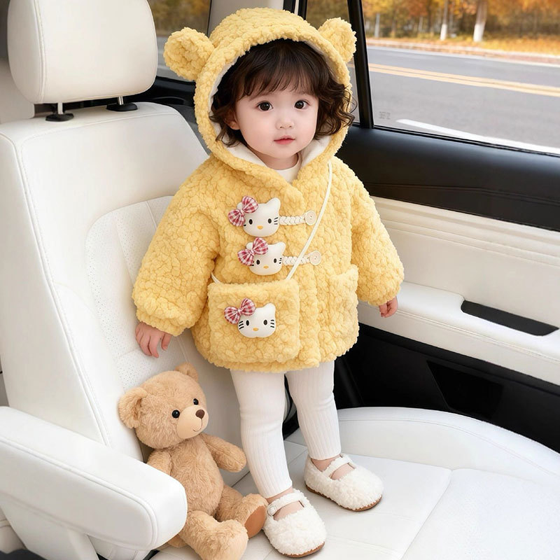 W328 Girls Pink Fashion Velvet Jacket Baby Winter Clothing Kidsren Korean Style Foreign Style Quilted Hooded Winter Kidsren's Clothing
