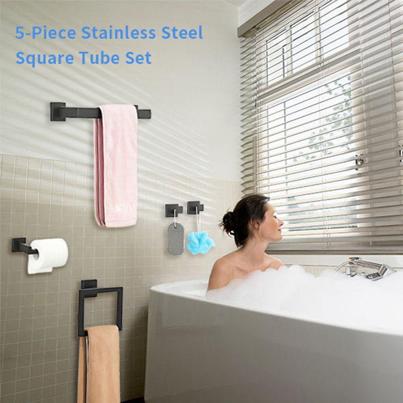Cross-border Stainless Steel Bathroom Towel Rack Towel Rack Towel Bar Bathroom Five-piece Pendant Bathroom Square Tube suit