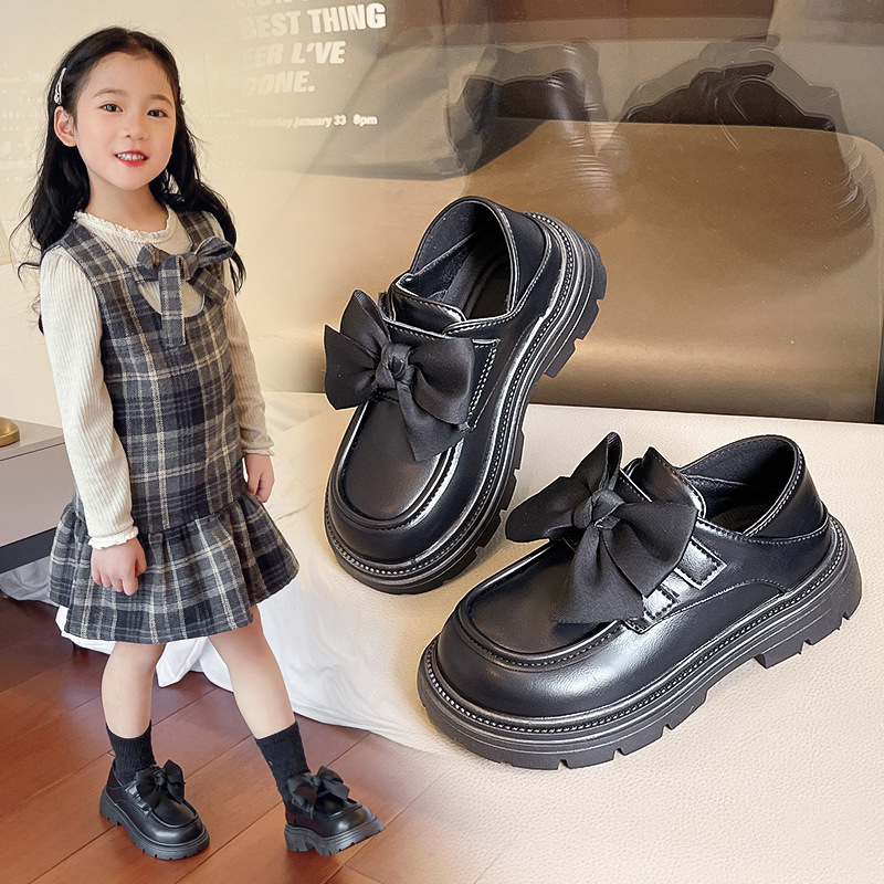 Girls' Leather Shoes Black Spring and Autumn Performance Shoes Bow Tide Soft Sole Shoes for Middle and Large Children and Primary School Students
