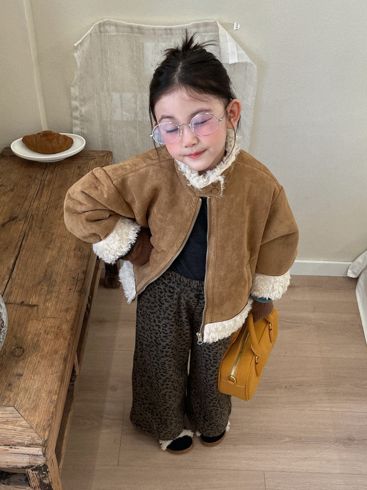 童外套2025冬季新款女童韩系鹿皮绒皮毛一体立领短款慵懒风机车服