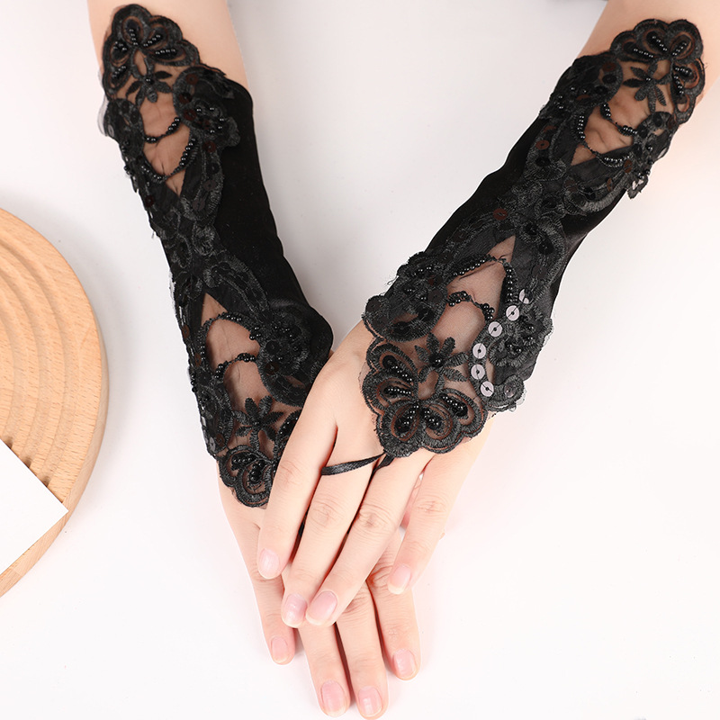 Hollow-out Gloves Wedding Wedding Dress Long Lace Embroidered Nail Beads Finger-revealing Wedding Gloves Hook Finger Black White Finger-free