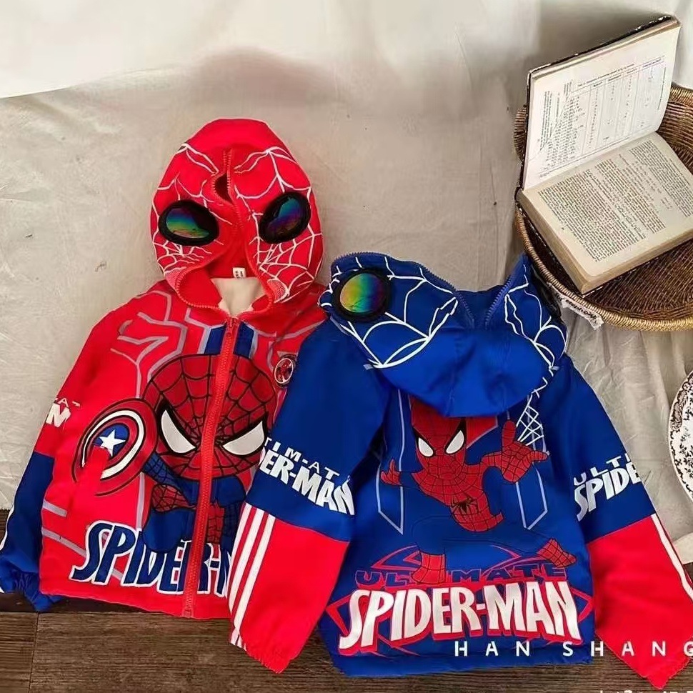 Boys' Spider-Man Jacket, Autumn and Winter Style, Fleece-Lined for Warmth, 2025 New Model, Stylish Cartoon Children's Hooded Jacket with Glasses