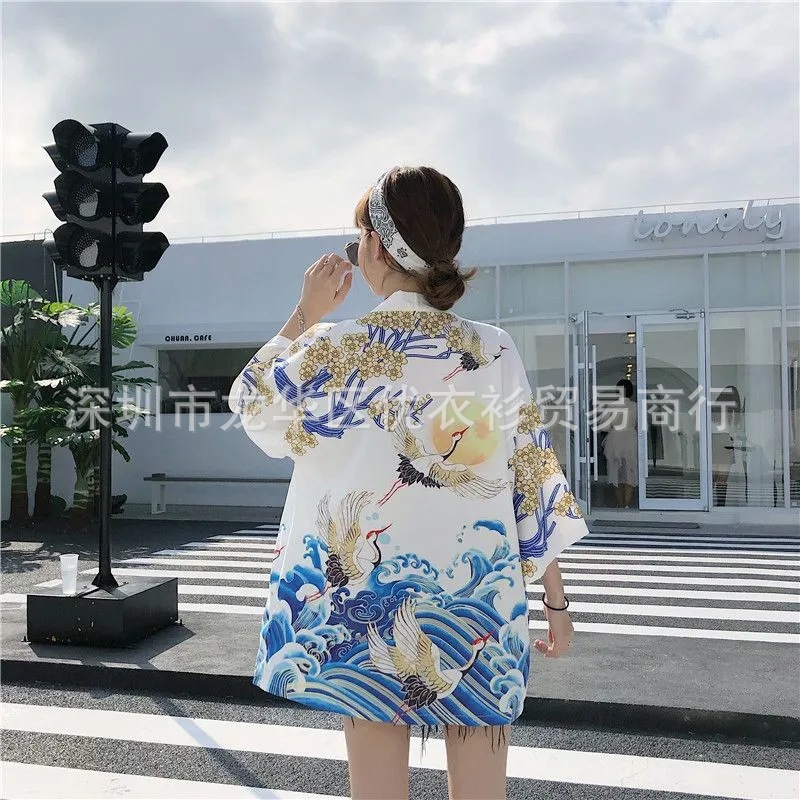 2024 Amazon Cross-border New Japanese Crane Digital Printed Kimono Men's and Women's Cloak Jacket Pajamas Cardigan Summer