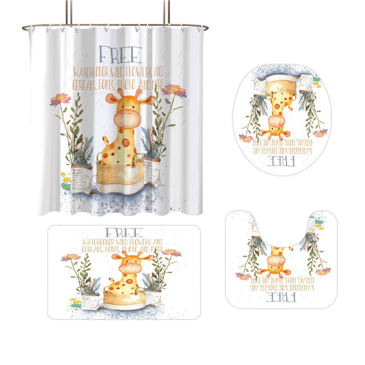 Cross-Border Shower Curtain Custom Bathroom Four-Piece Set Bathroom Partition Curtain Toilet Mat Absorbent Floor Mat Digital Printing Manufacturer