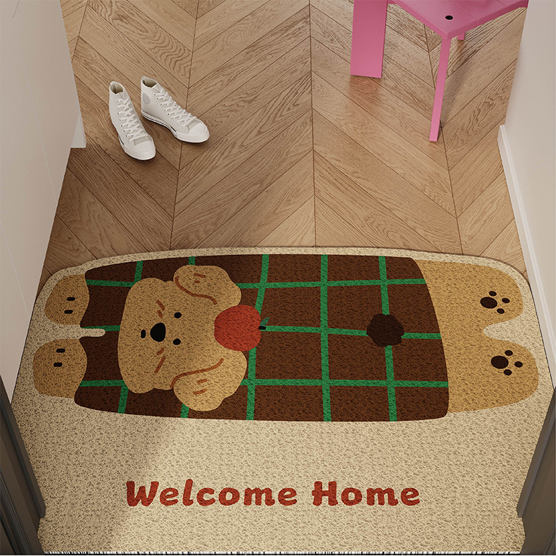 Korean-Style Ins Plaid Puppy Entrance Mat, Silk Loop, Non-Slip, Dirt-Resistant Foot Mat, Entrance Door Rug, Customizable