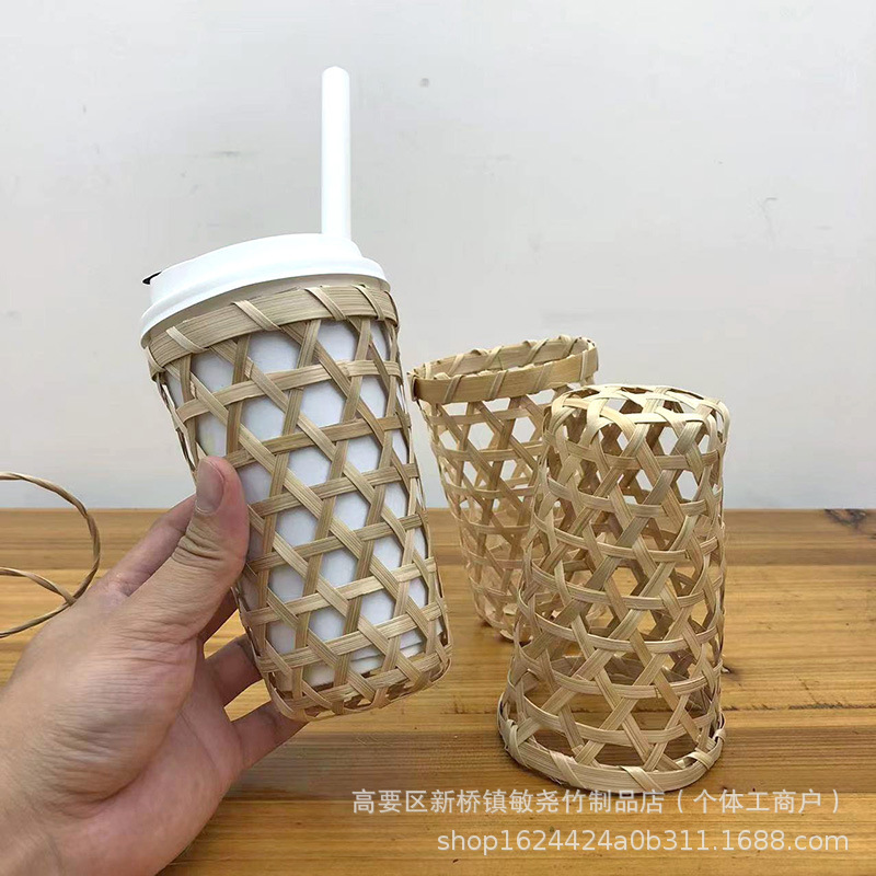 Bamboo woven milk tea cup set hollow design pastoral flavor can be used as flower arrangement bamboo basket decoration boutique round meal heart platter