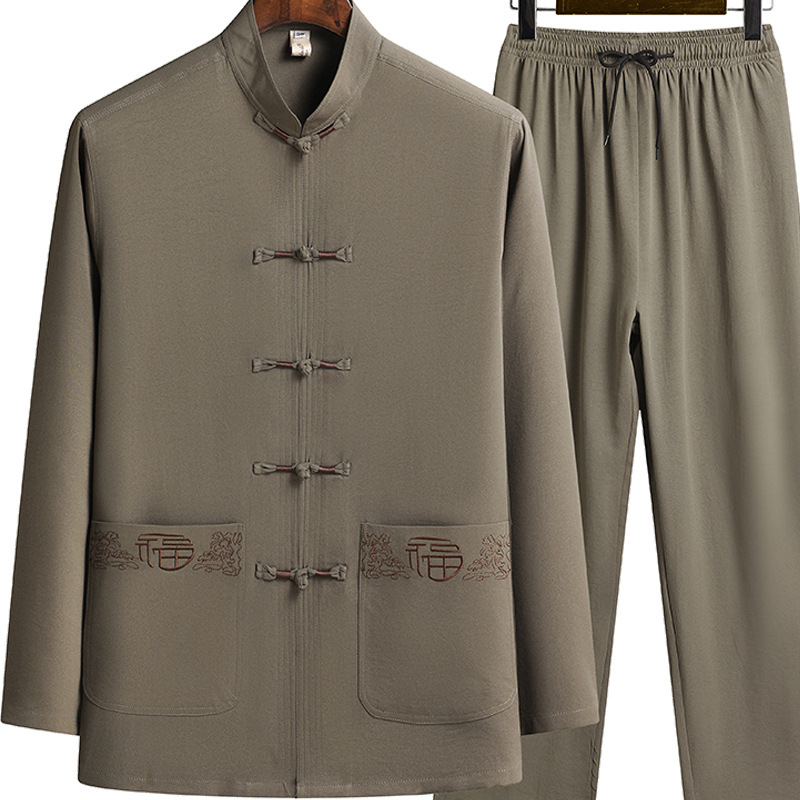 Middle-Aged and Elderly Long-Sleeved Tang Suit 2024 Summer Chinese Style Shirt Dad Suit Button Embroider Han Dynasty Retro