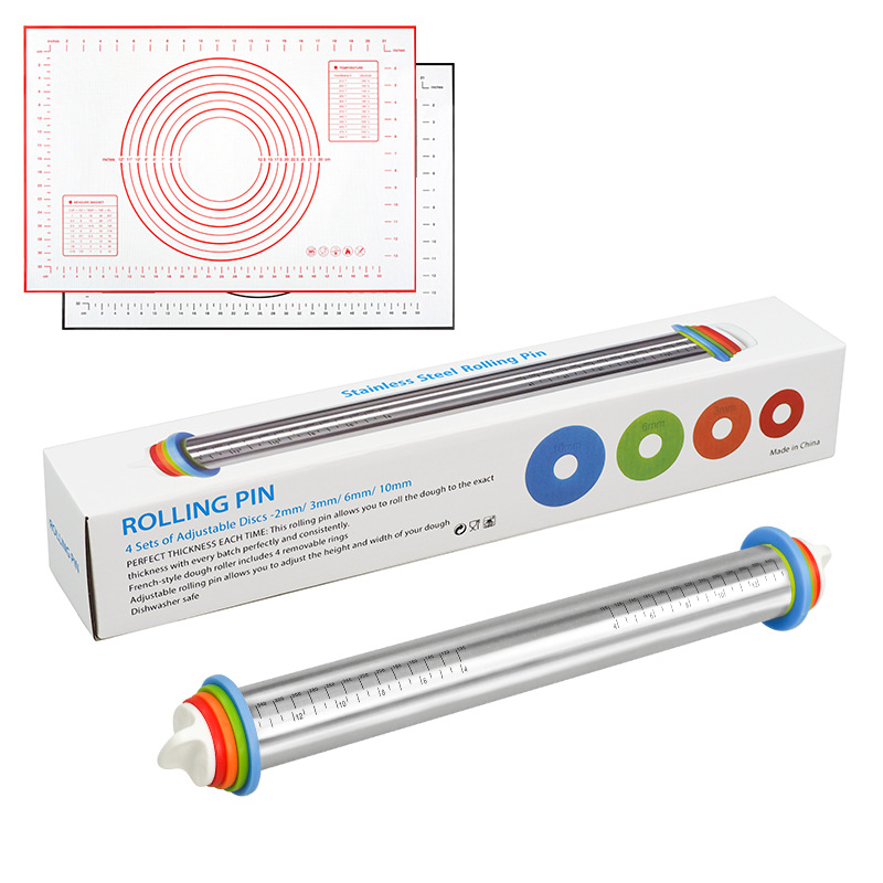 Amazon 17inch Stainless Steel Rolling Pin Kneading Mat Set with Adjustable Thickness Scale Rolling Pin Kneading Tool