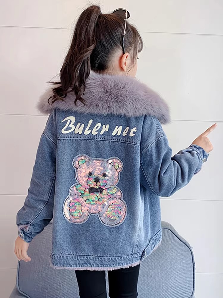 Girls' Velvet Coat 2024 New Children's Denim Autumn and Winter Thickened Big Children's Wear Girls' Winter Cotton-padded Jacket