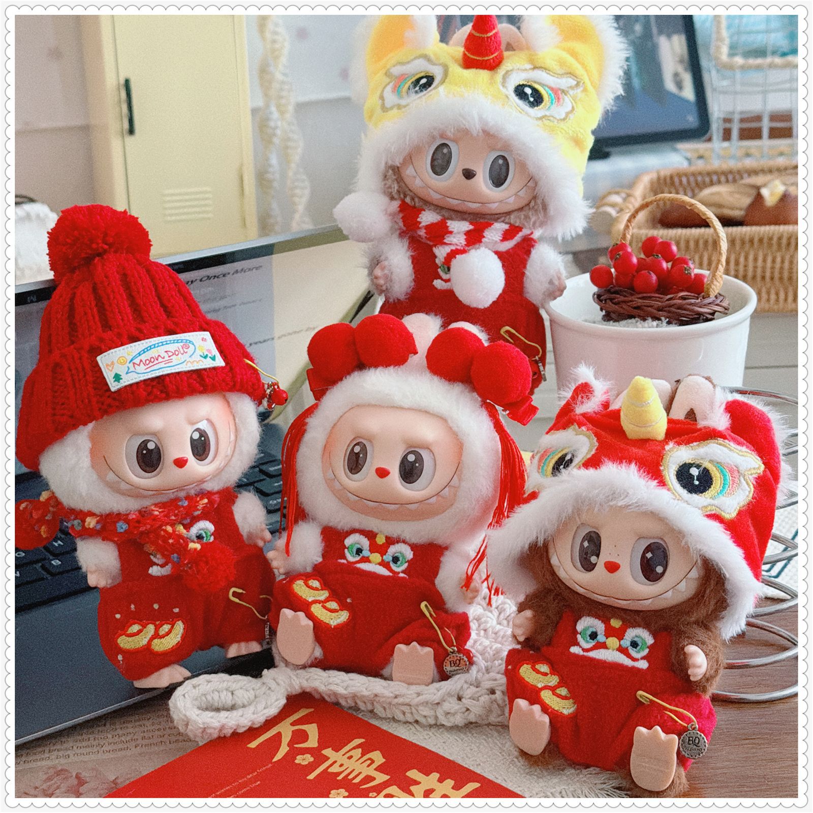 First, Second, and Third Generation Labubu Doll Clothes 17cm Labubu Sitting New Year Lion Plush Pendant with Replacement Outfit