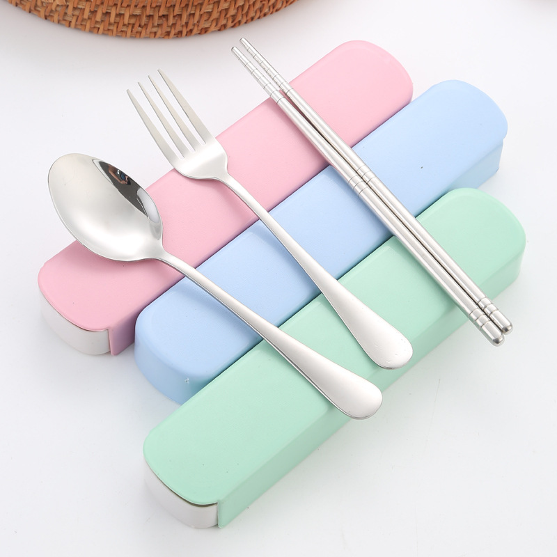 Portable Stainless Steel Tableware Set 304 Tableware Three-Piece Set Chopsticks Spoon Fork Combination Student Company Gift Travel