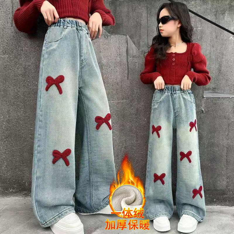 Джинсы для девочек с вышивкой, весна-осень 2025, новые брюки для девочек, прямые и широкие брюки