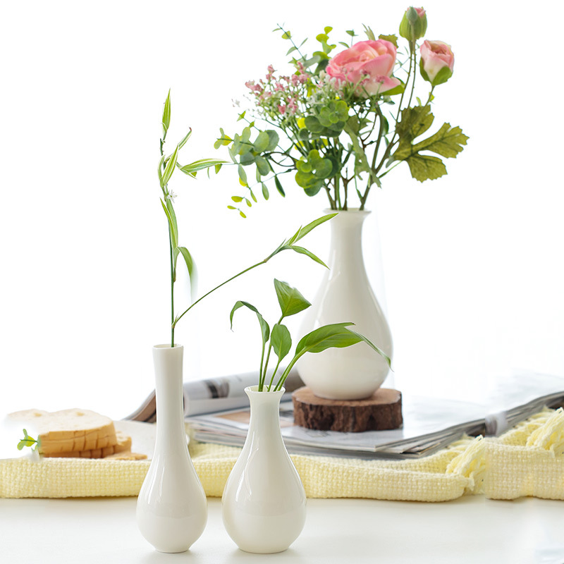 Chinese Classical Ceramic Flower Arrangement, White Jade Porcelain Flower Vessel, Living Room Desktop, Entrance Hall, Office Bedroom Decoration Small Vase