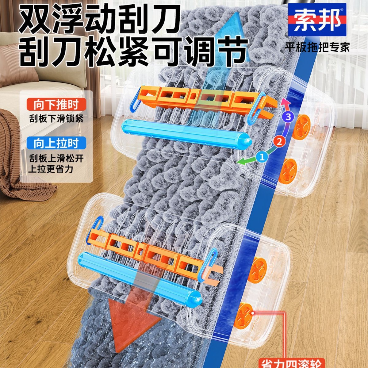 Sorbonne Family Lazy Hands-Free Mop Clean Flat Mop Chenille Mop Dual-Use for Dry and Wet Cleaning