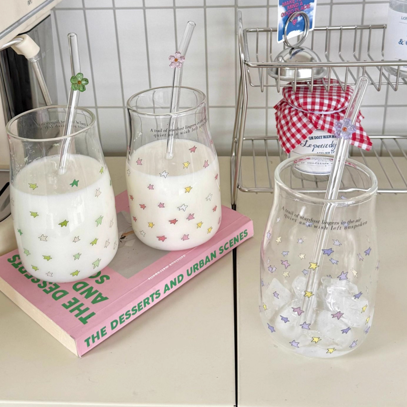 Ins Style Dreamy Colorful Star Milk Bottle Coffee Cup Girl Heart Drinking Glass Student Straw Cup Wholesale