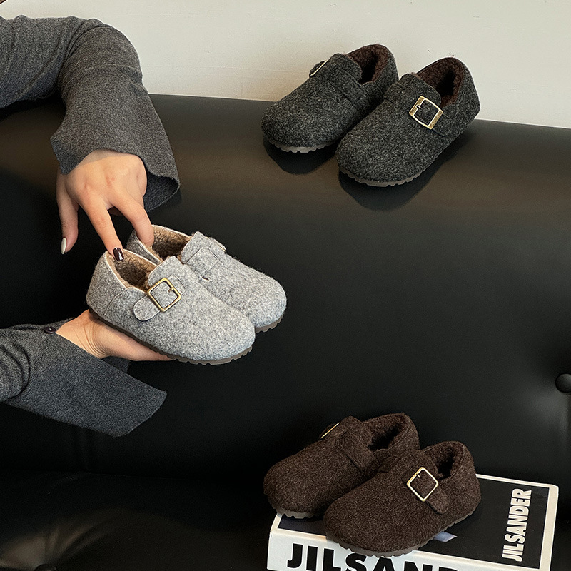 Children's Shoes Korean Style Casual Girls' Thick Woolen Fleece-Lined Birkenstock Shoes 2025 Winter New Kidsren's Low-Cut Warm Cotton Shoes Trendy