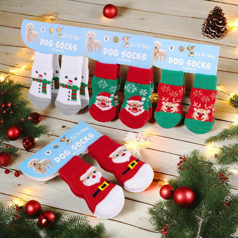 Cross-Border Pet Socks Christmas Socks Santa Claus Reindeer Snowman Non-Slip Foot Covers Teddy Dirt-Resistant Small Dog Shoes