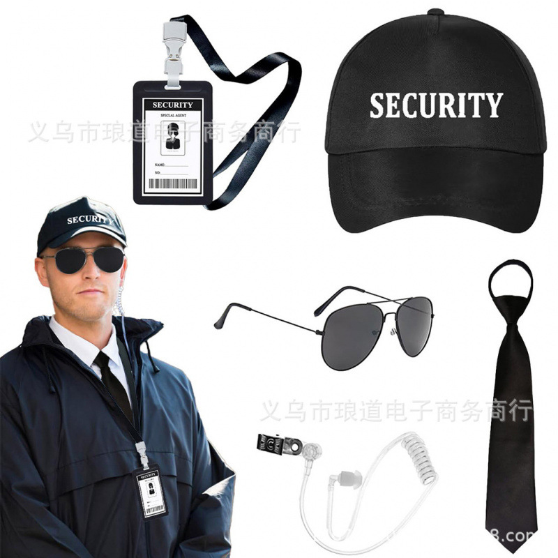 Костюм секретного агента для косплея, черная бейсболка, солнцезащитные очки, рабочий идентификатор, набор берушей