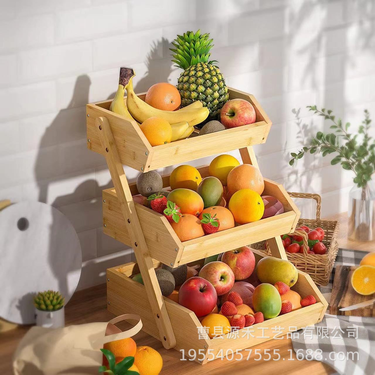 in stock bamboo three-layer fruit and vegetable basket draining rack double-layer assembled fruit plate three-layer kitchen storage rack