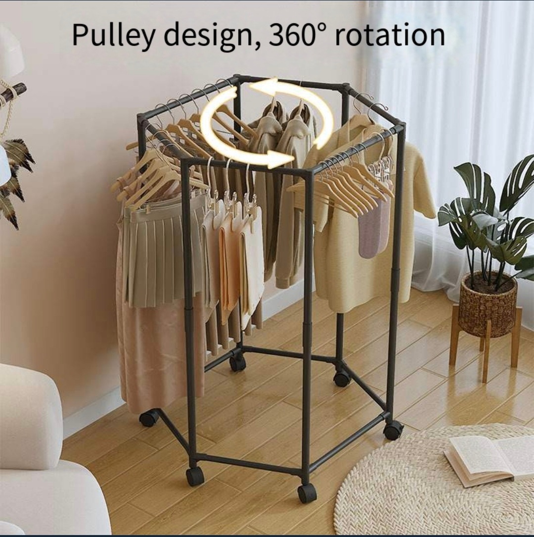 Cross-Border Daily Necessities Clothes Drying Rack Hexagonal Floor-Standing Simple Rotating Clothes Rack Multi-Functional Movable Clothes Storage