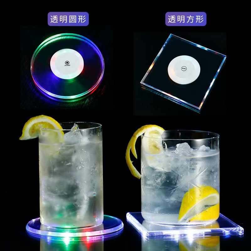 Colorful led acrylic luminous coaster ktv bar night atmosphere transparent luminous coaster flash cup stickers wholesale