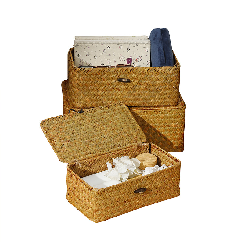 Handmade Straw Storage Basket Desktop Finishing Wedding Accompanying Gift Box Artistic Pastoral Household Supplies Storage Box with Lid