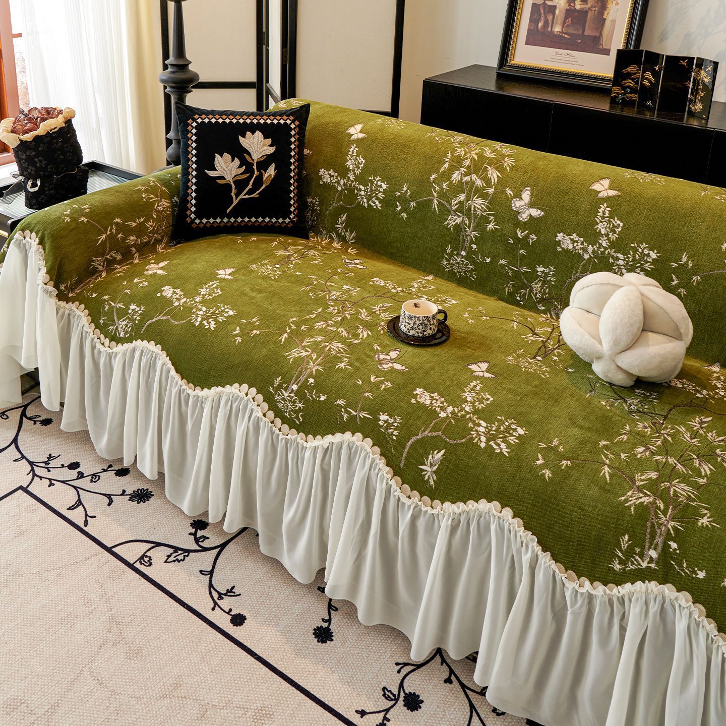 J5D Retro High-End Skirt Sofa Cushion Cover Cloth 2025 New Four-Season Universal Full Cushion Cover