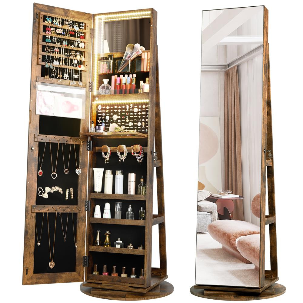 360 ° rotating jewelry wardrobe, large capacity LED jewelry cabinet, lockable jewelry mirror cabinet and storage rack