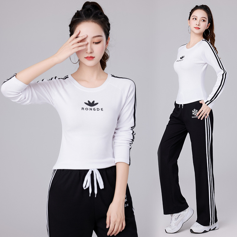 Autumn new sports suit T-shirt top long sleeve rib cotton Yang Liping square dance clothing female dance clothing
