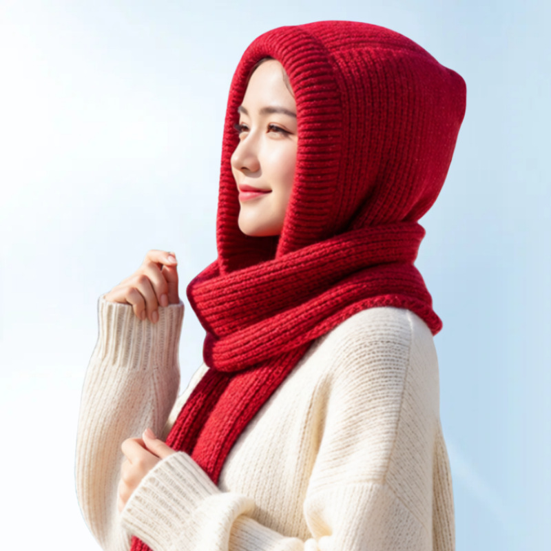 Korean Style Outdoor Red Raffia Hat for Women, Autumn and Winter Fashion Scarf Integrated Hood, Lazy Style Outerwear Warm Shawl Hat