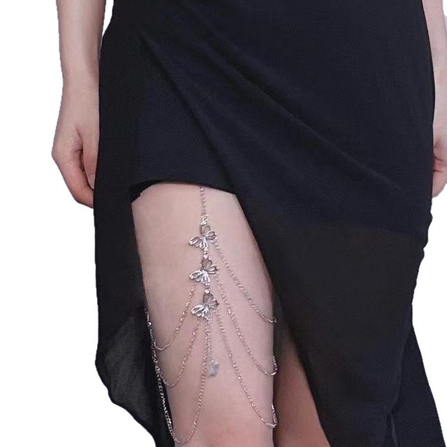 European and American cross-border hot selling exaggerated leg chain sexy personality elastic rope lace multi-layer golden butterfly body chain