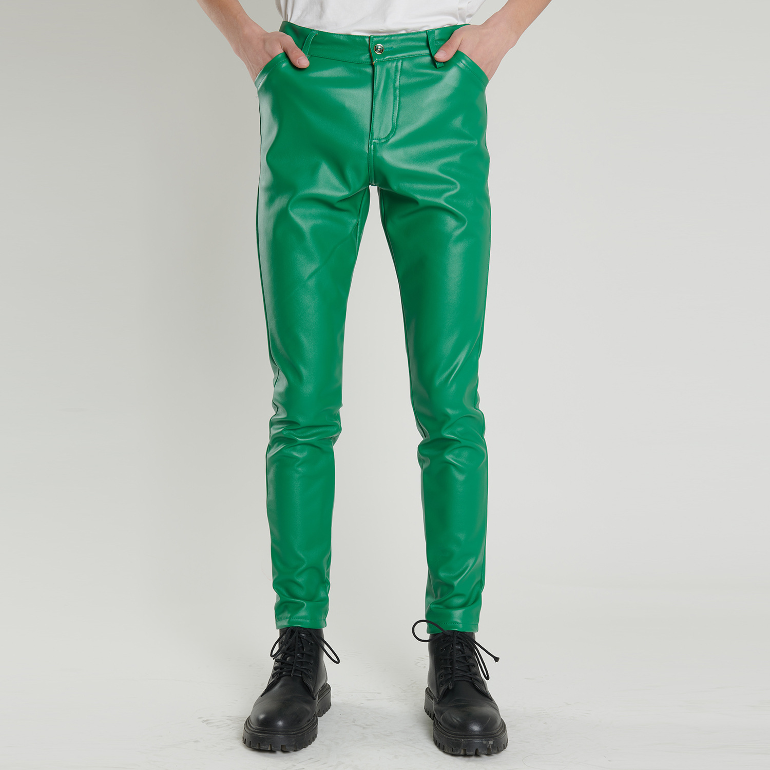 Cross-Border Young and Middle-Aged Leather Pants Men's Elastic Slim Green Blue Dance Performance Bar Brown Barber Salon Trendy and Cool