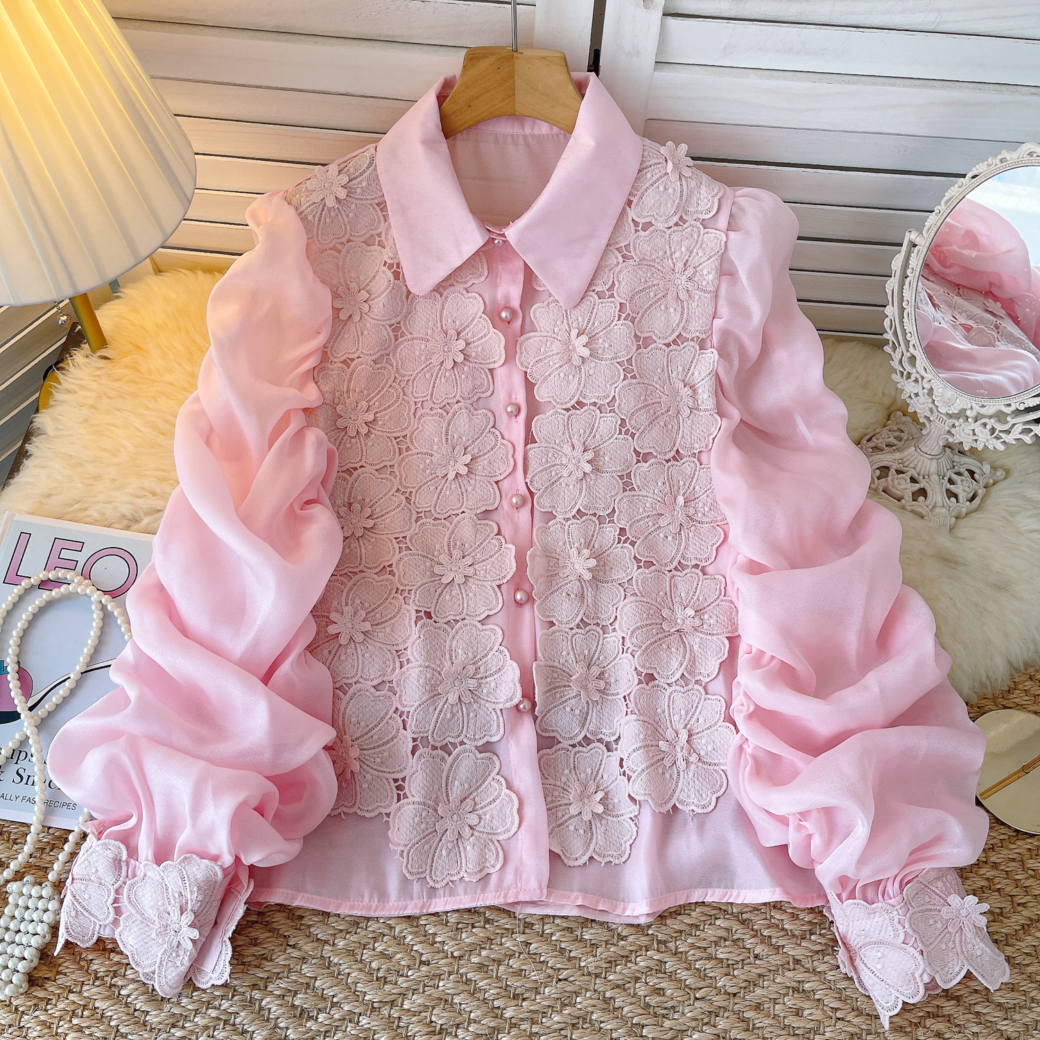 Internet Celebrity Same Style 2024 Autumn Niche Entry Luxury Heavy Industry Hollow Flower Embroidery Pleated Lantern Sleeve Slim Shirt for Women