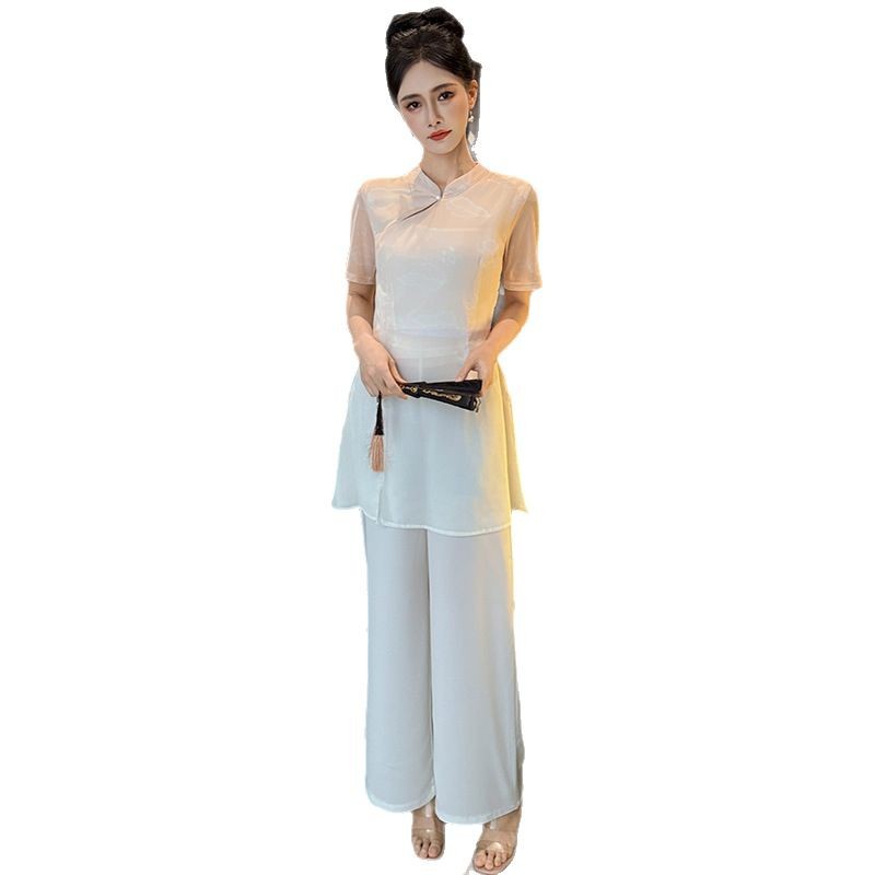 Foot Bath Health Hall Technician Work Clothes Ear-picking Tea Artist Soft Work Clothes National Style Chinese Gradient Printing Long Pants