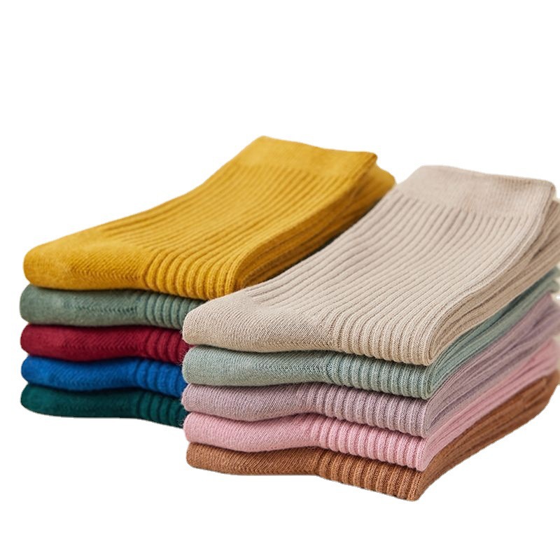 Women's socks spring and summer Four Seasons solid color mid-calf length socks vertical stripes casual women's confinement socks pile socks Japanese style stockings wholesale