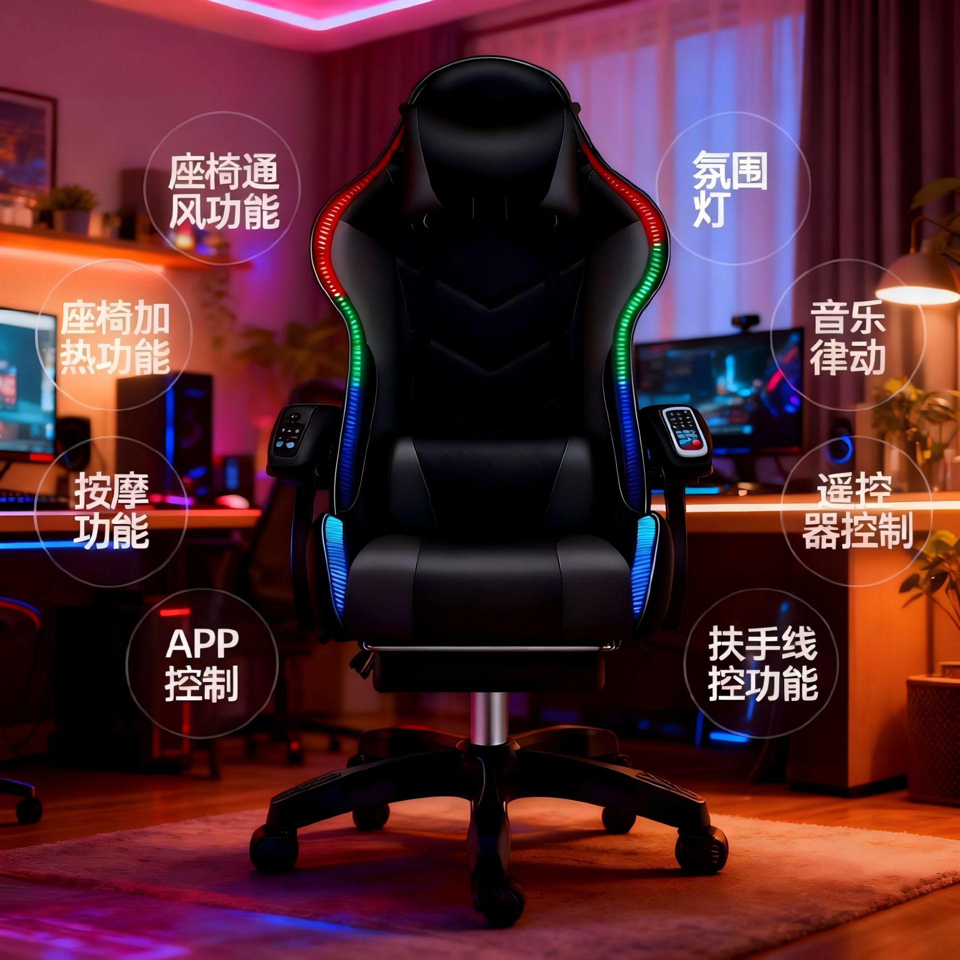Обновленный игровой кресло 2025 года, четырехв одно интегрированный панель управления, цветное атмосферное освещение, массаж, вентиляция и обогрев