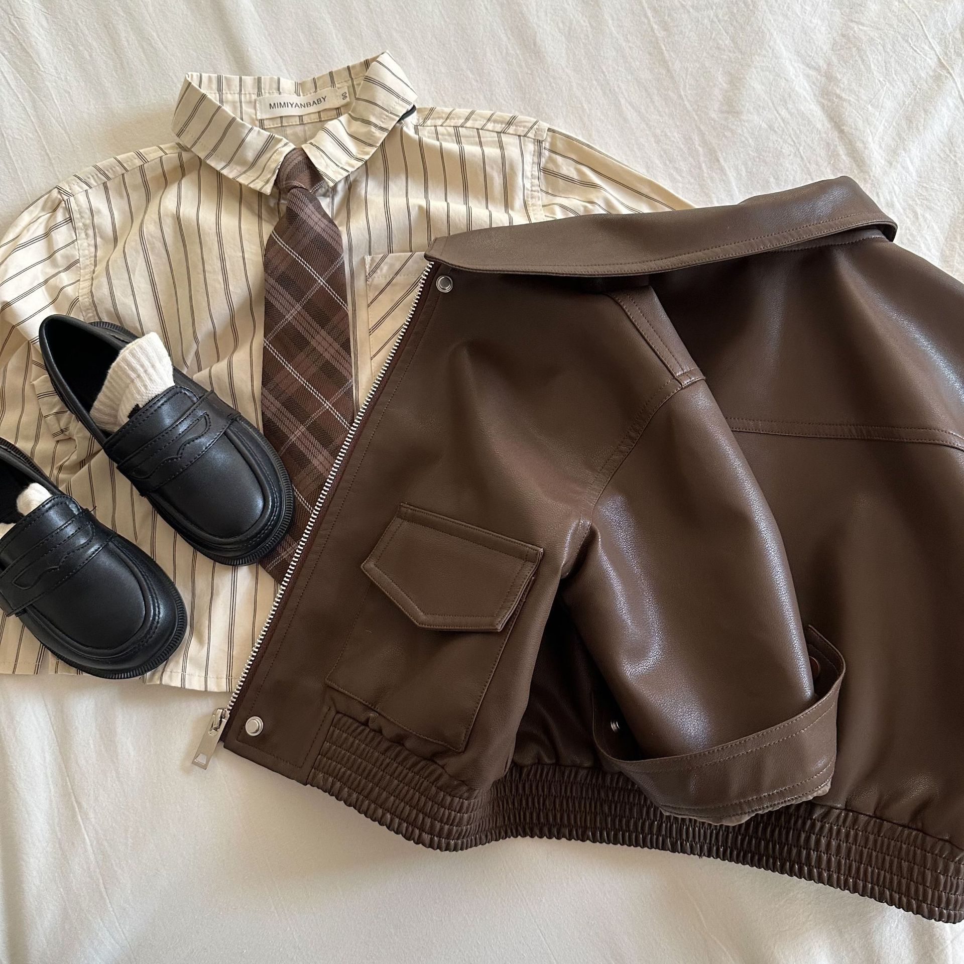 Children's Outwear 2024 Squinting Spring New Product Pure Color Lapel Leather Jacket for Boys and Girls Baby Short Outwear Trendy